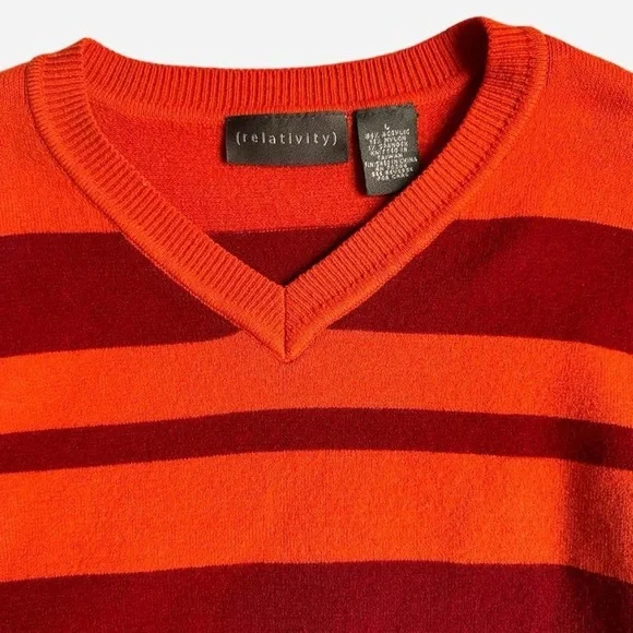 Striped pullover v neck sweater in red & orange - Relativity - fits like size S - Picture 2 of 7